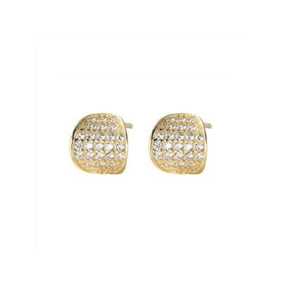 Pave CZ Gold Stud Earrings with Curvy Hoops on sterling silver