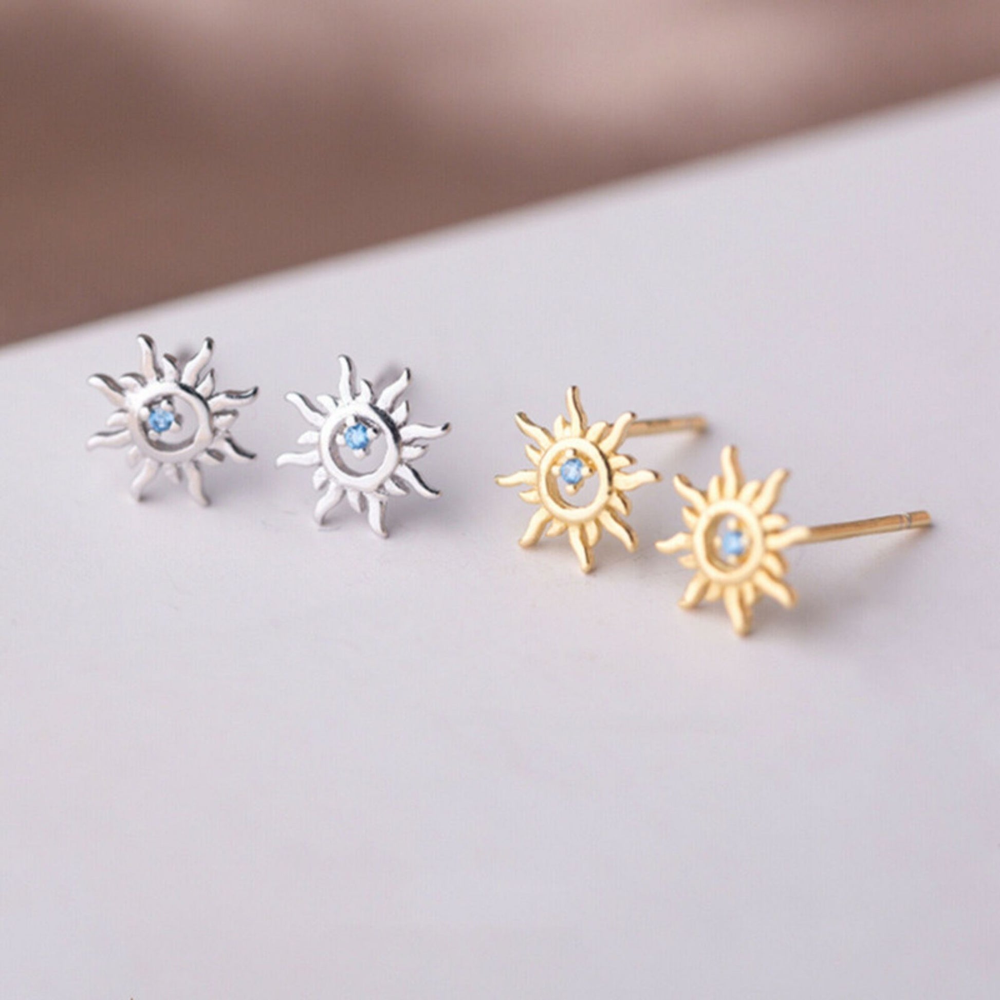 925 Sterling Silver Sun Earrings with 18K Gold Plating and Light Blue Aquamarine CZ - sugarkittenlondon