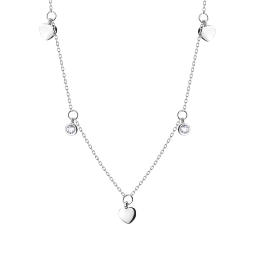 Rhodium on Sterling Silver Mini Love Heart Bezel CZ Charms Drip Choker Necklace - sugarkittenlondon