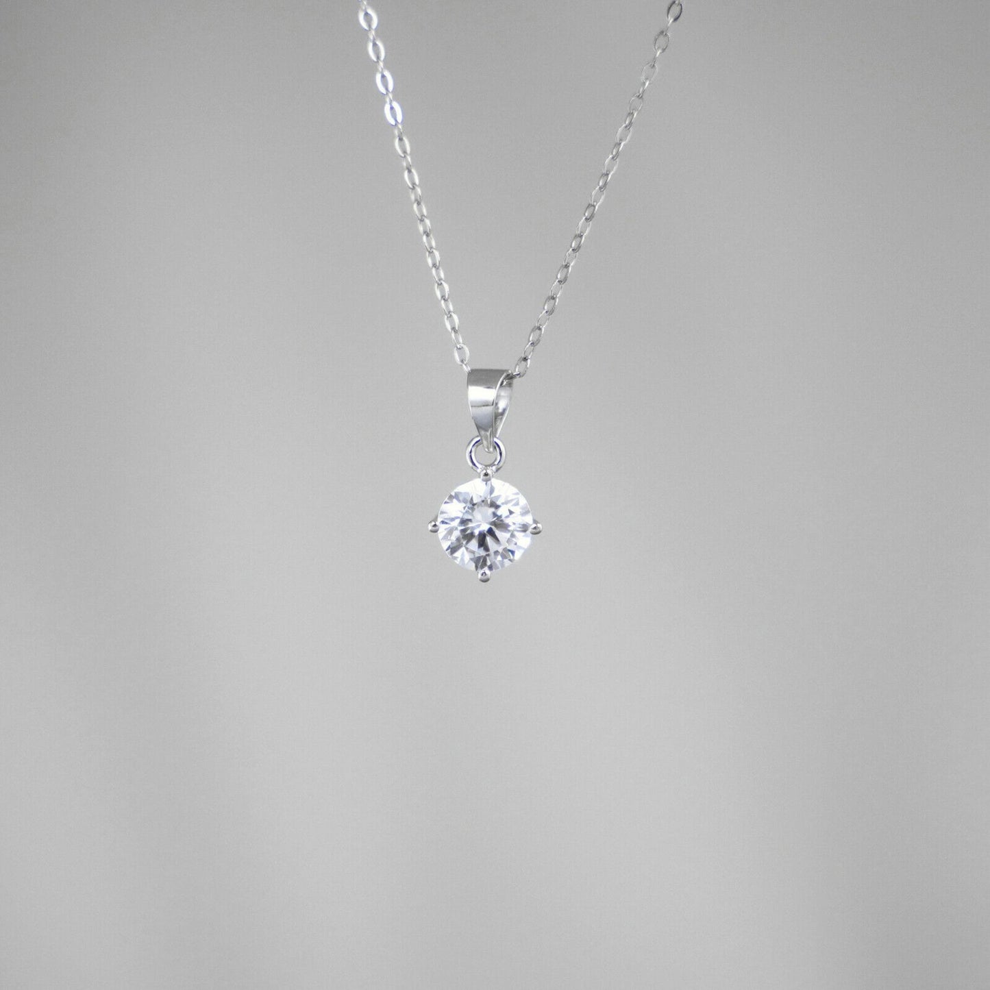 Sterling Silver Diamante 4 Claw Solitaire Clear 7mm CZ Pendant Belcher Necklace - sugarkittenlondon