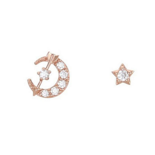 Rose Gold Moon Star Stud Earrings with CZ Love Arrow on sterling silver