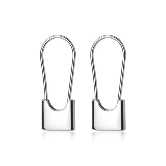 925 Sterling Silver Safety Pin Hoop Earrings with Padlock Charm