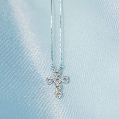 Sterling Silver Cross Pendant Necklace with Hollow Heart and Micro Pave CZ - sugarkittenlondon