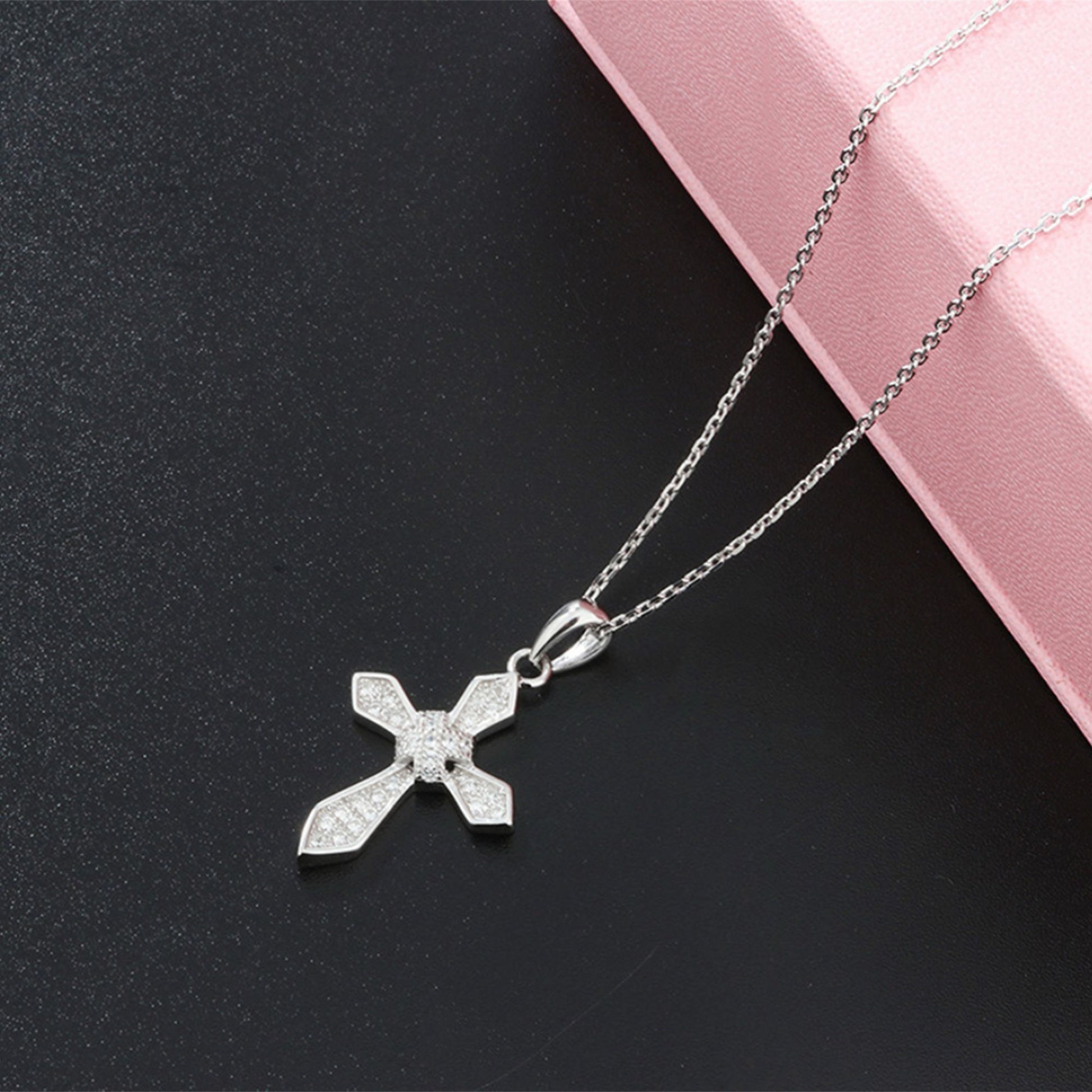 Sterling Silver Passion Cross Diagonal Cross Centre Paved CZ Pendant Necklace - sugarkittenlondon