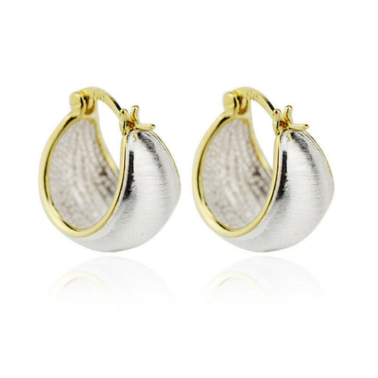 925 Sterling Silver Dome Sleeper Drop Hoop Earrings with Brushed Golden Line