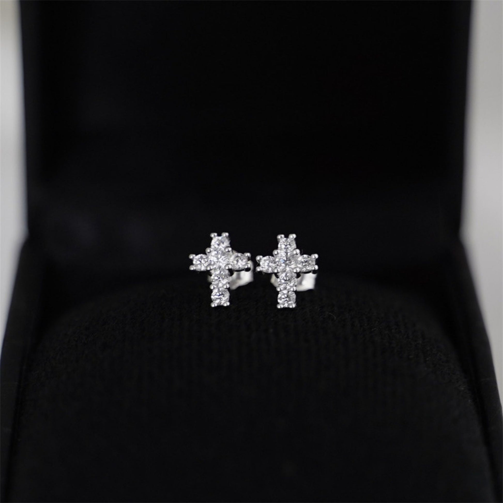 Sterling Silver Mini Cross Claw Set Clear CZ Stud Earrings - sugarkittenlondon