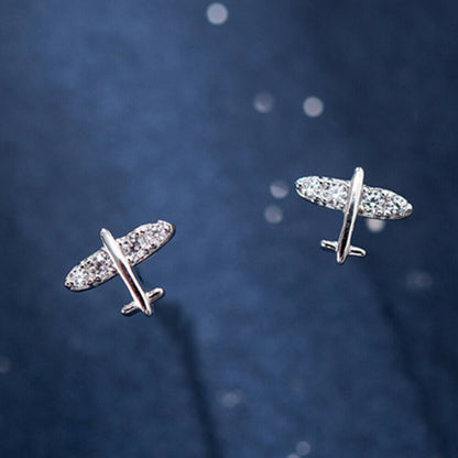 Mini CZ Airplane Stud Earrings in Sterling Silver with Rhodium Plating