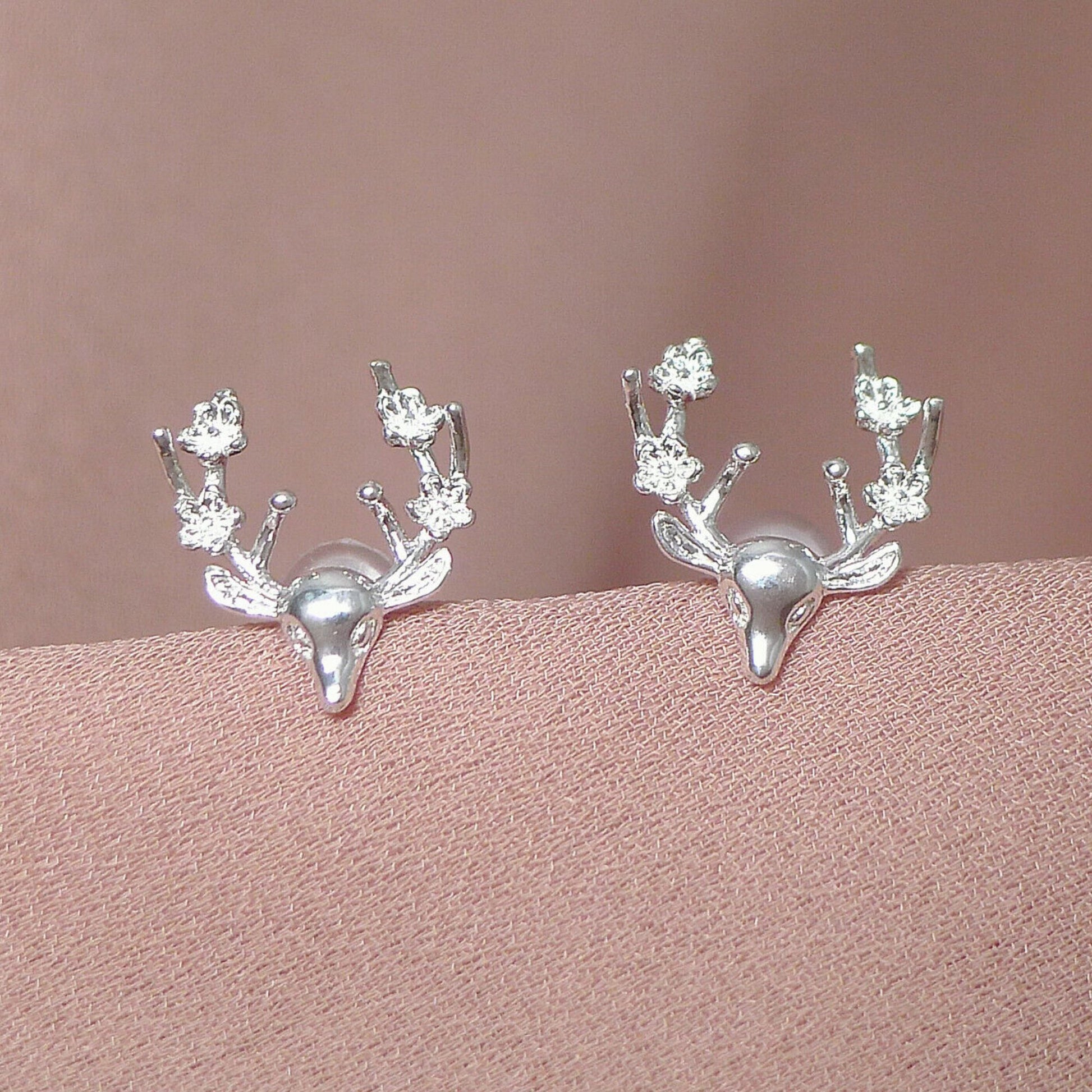Sterling Silver Shiny Deer Head With Floral Antler Stud Earrings - sugarkittenlondon