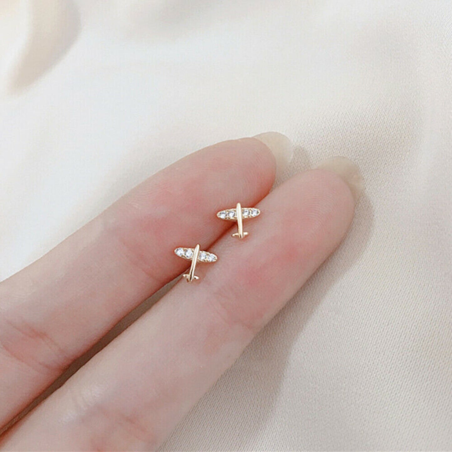 18K Gold on Sterling Silver Airplane CZ Stud Earrings - sugarkittenlondon