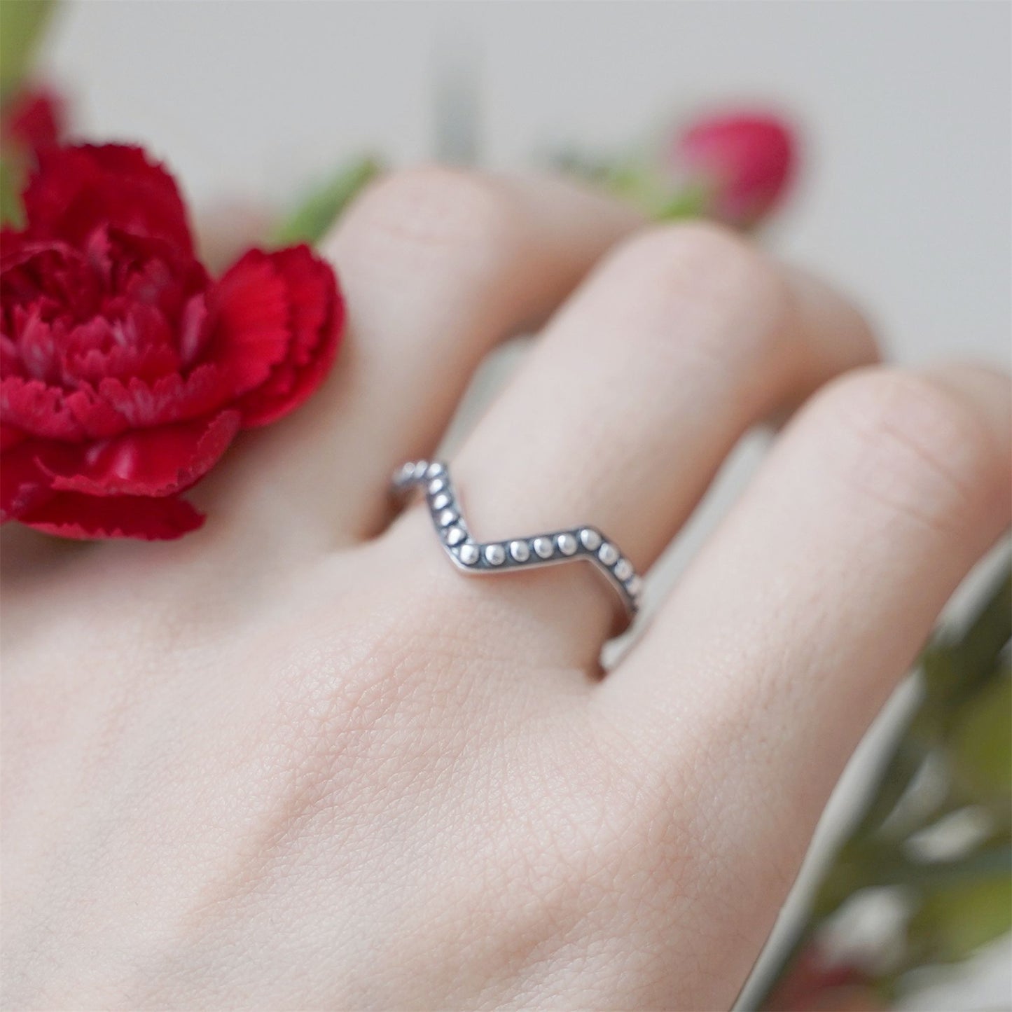 Sterling Silver Oxidized Chevron Ring with Beaded Stacking Design - sugarkittenlondon