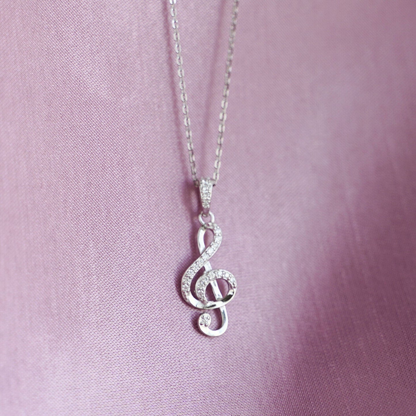 Sterling Silver CZ Treble Clef Necklace with G Music Note Pendant - sugarkittenlondon