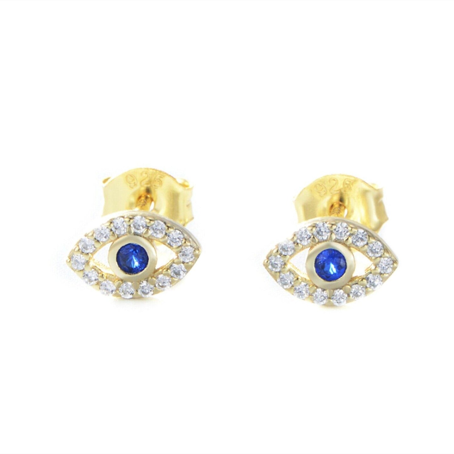Sterling Silver Evil Eye Stud Earrings with 14K Gold Plating and Blue and White CZ