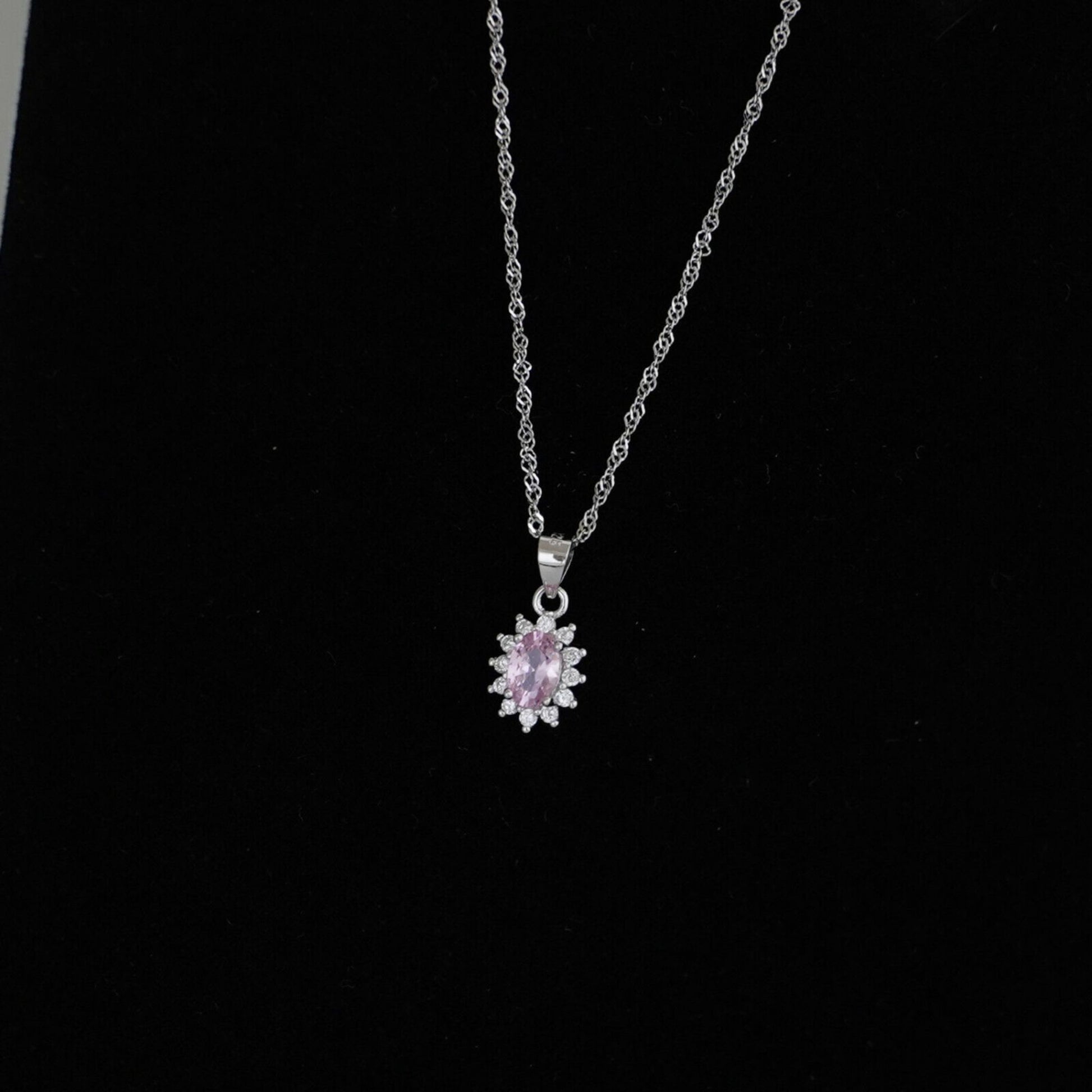 Sterling Silver Light Pink Cluster Colour Oval CZ Cluster Pendant Necklace - sugarkittenlondon