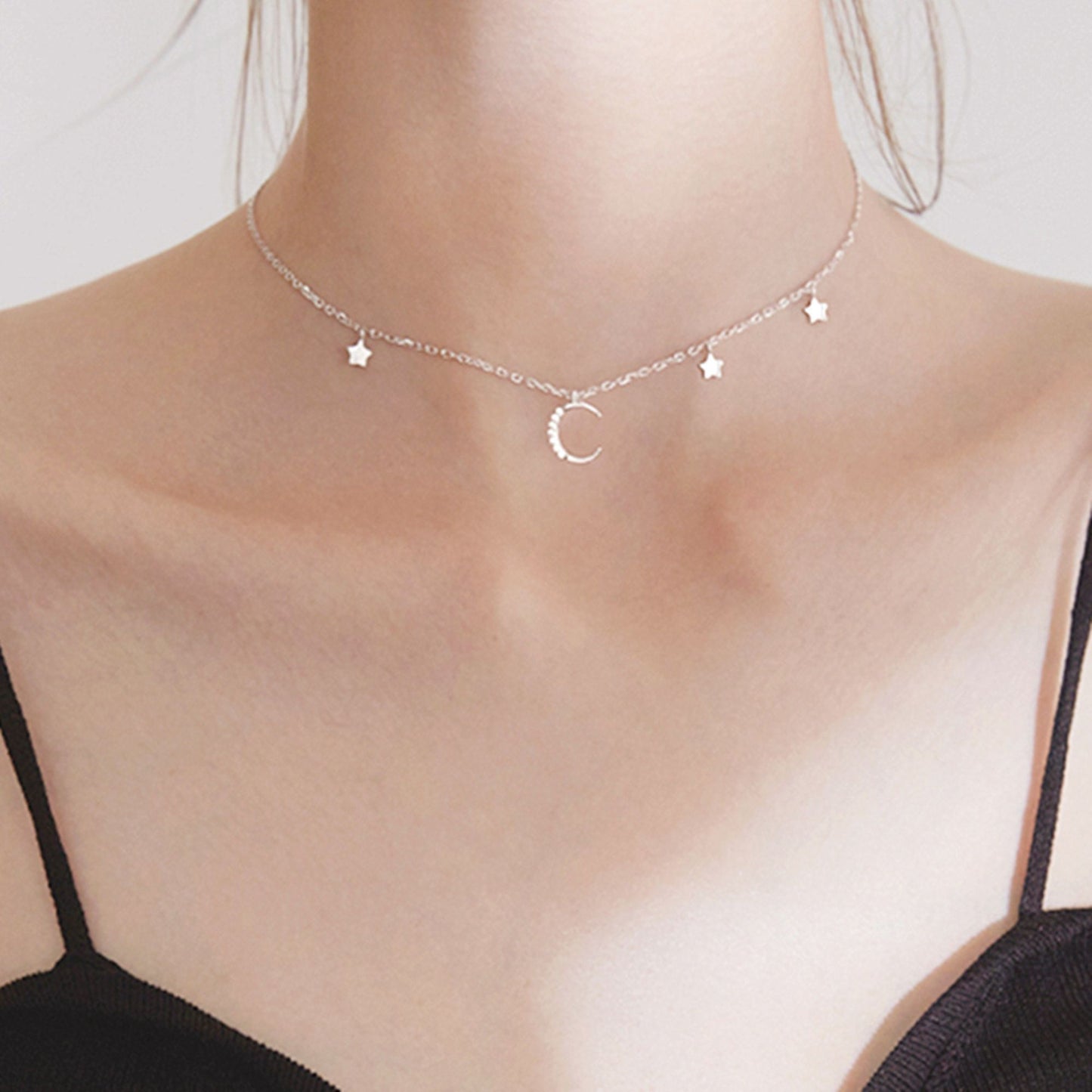 Mini Moon Star CZ Crescent Charm Drop Choker Necklace in Sterling Silver - sugarkittenlondon