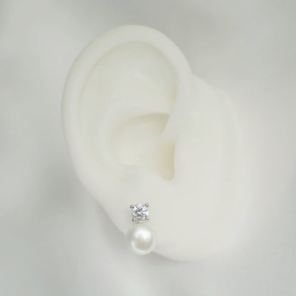 Sterling Silver 8MM Cultured White Freshwater Pearl 4mm CZ Studs Earrings - sugarkittenlondon