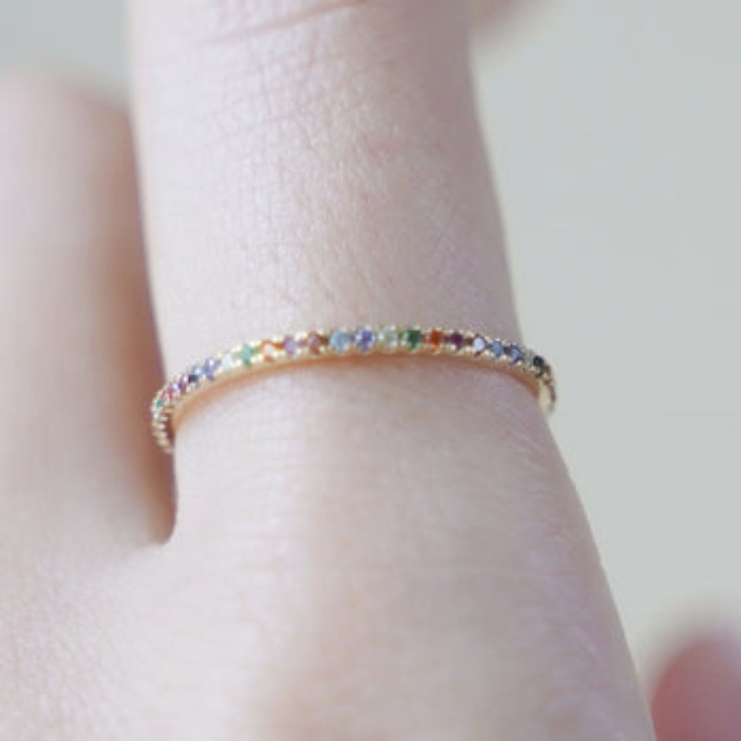 1mm Rainbow CZ Full Eternity Stacking Ring in 14K Gold-Plated on Sterling Silver - sugarkittenlondon