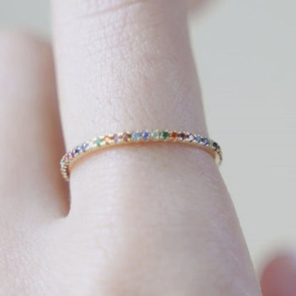 14K Gold on Sterling Silver Full Eternity Rainbow 1mm CZ Crystal Stacking Ring - sugarkittenlondon