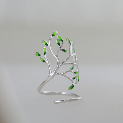 Sterling Silver Tree of Life Green Glazed Leaf Branch Forest Wrap Ring - sugarkittenlondon