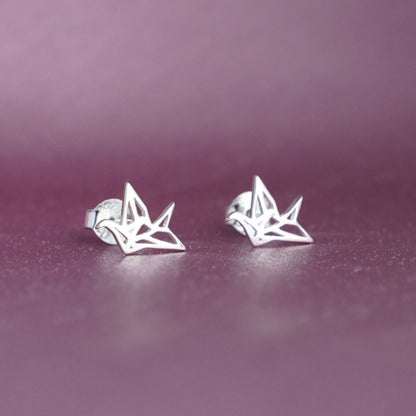 Sterling Silver Shiny Polished Origami Crane Bird Girls Stud Earrings - sugarkittenlondon