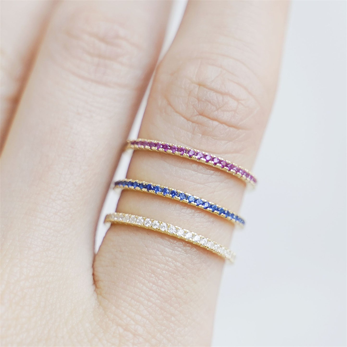 14K Gold on Sterling Silver Full Eternity 1mm White Magenta Navy CZ Ring - sugarkittenlondon