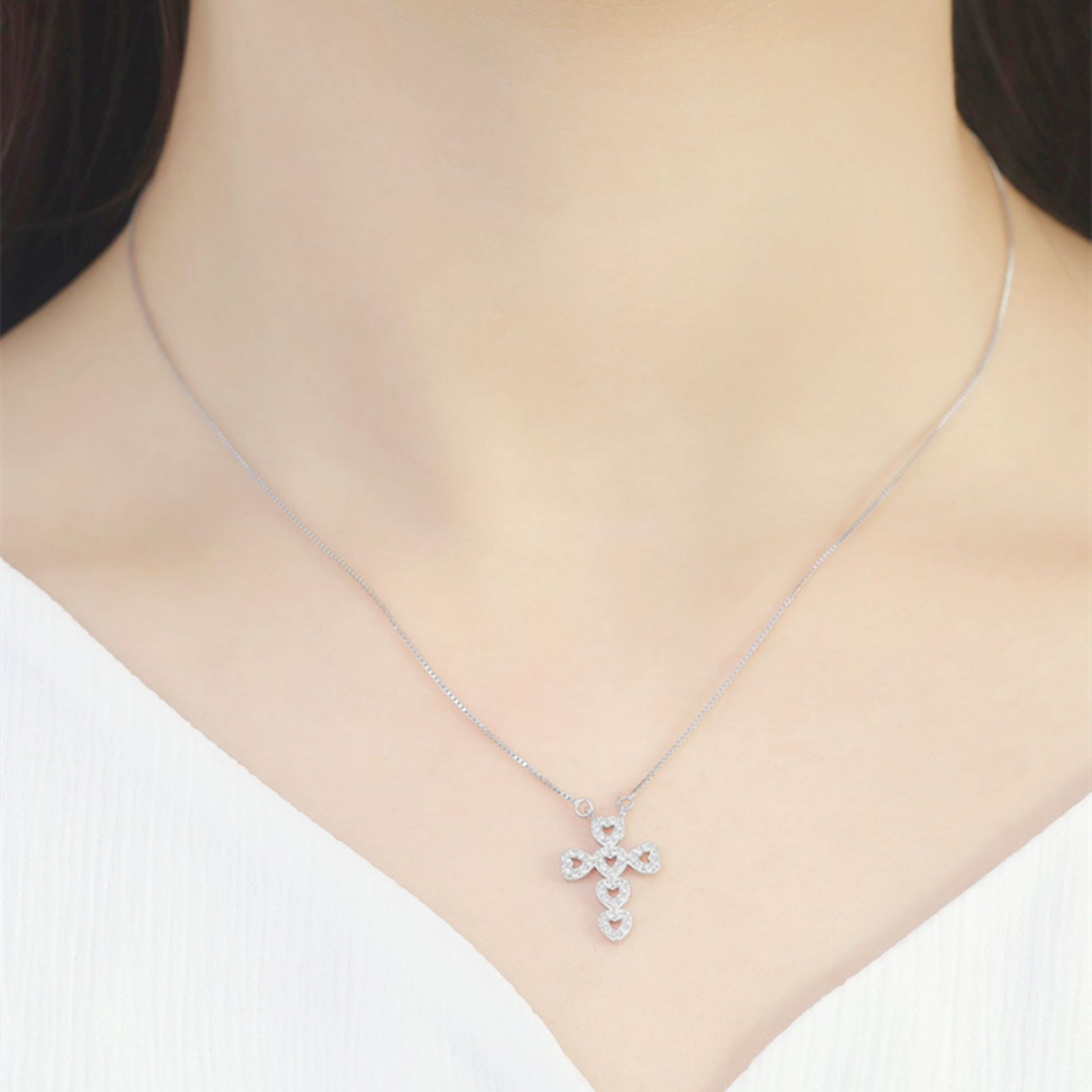 Sterling Silver Cross Pendant Necklace with Hollow Heart and Micro Pave CZ - sugarkittenlondon