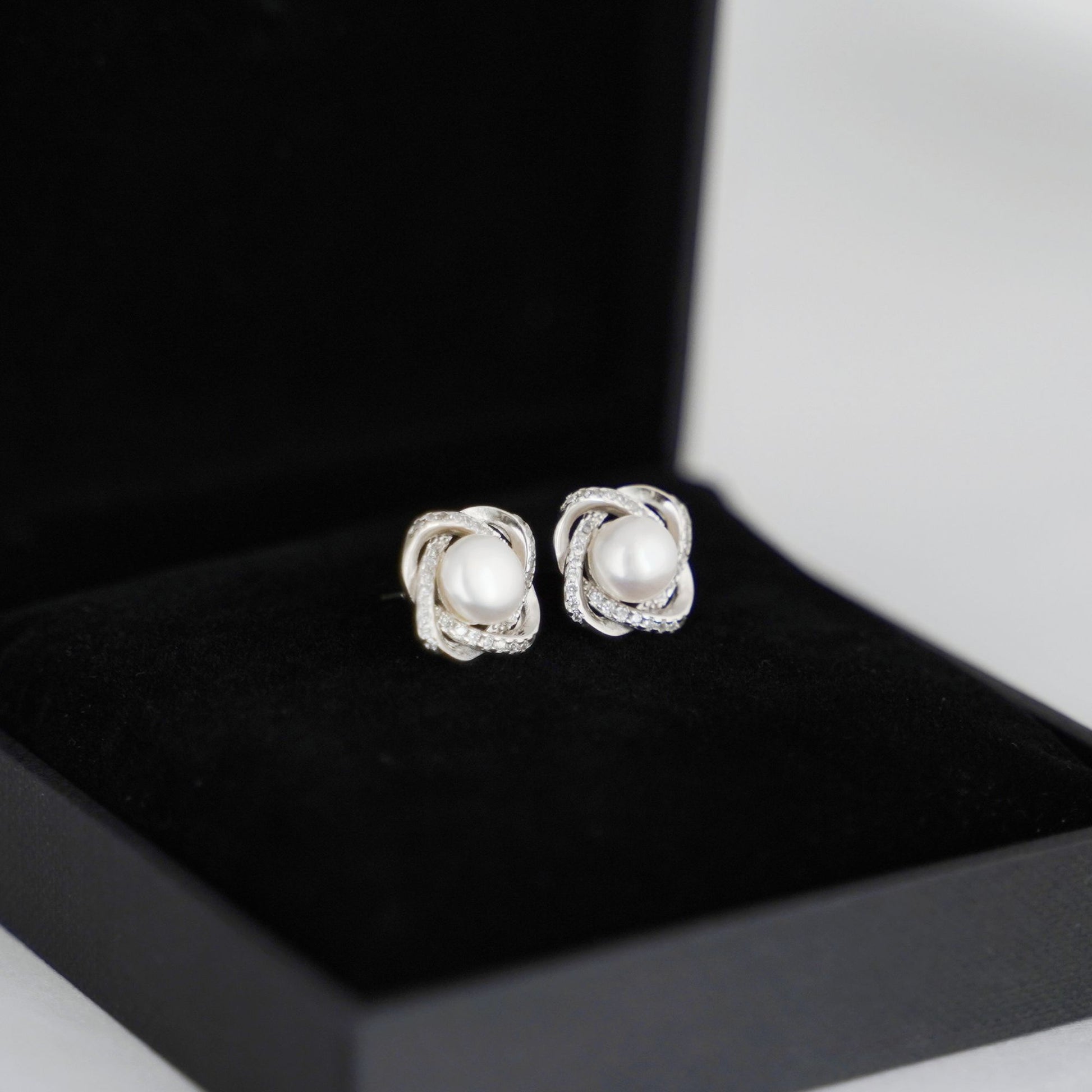 Sterling Silver Freshwater Pearl Stud Earrings with CZ Knots - 7mm White Button Pearls - sugarkittenlondon