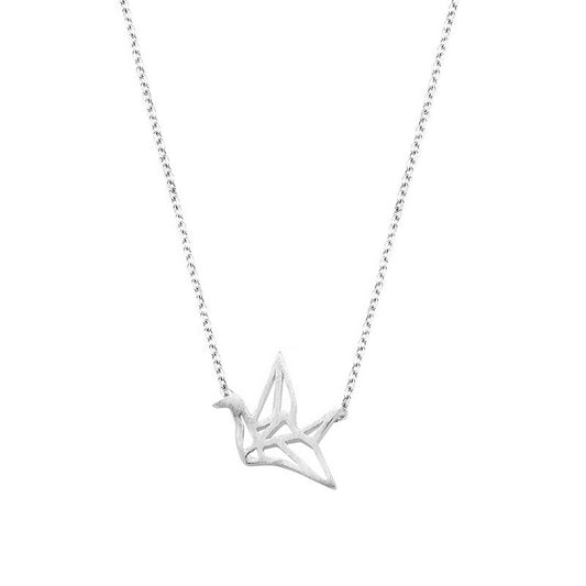 Sterling Silver Matte Brushed Origami Crane Bird Charm Pendant Necklace - sugarkittenlondon