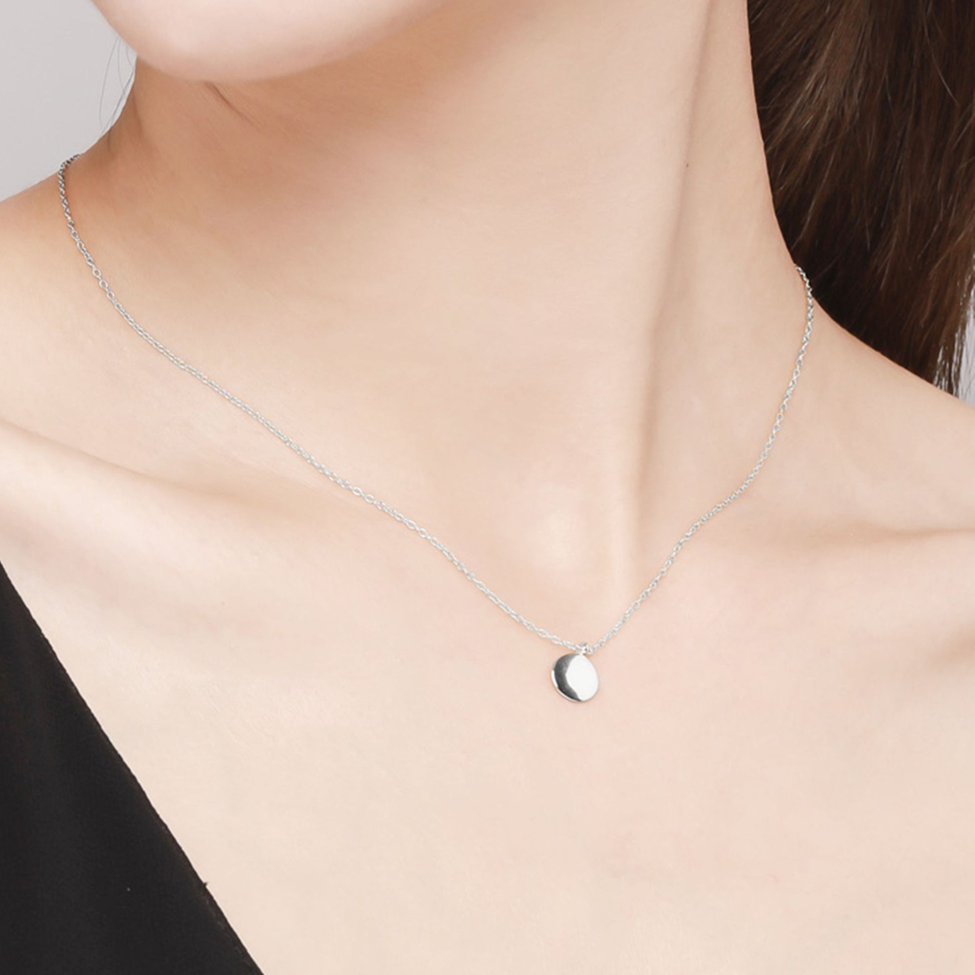 Sterling Silver Round Disc Pebble Circle Necklace 2 Tones - sugarkittenlondon
