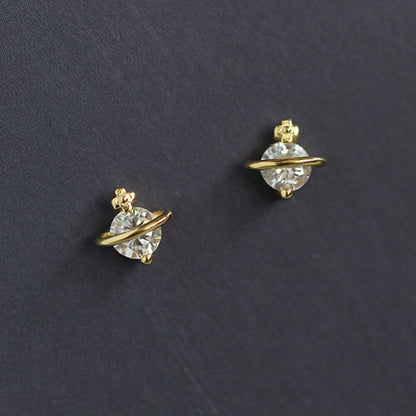 Sterling Silver 18K Gold Plated Saturn Space Star CZ Stud Earrings