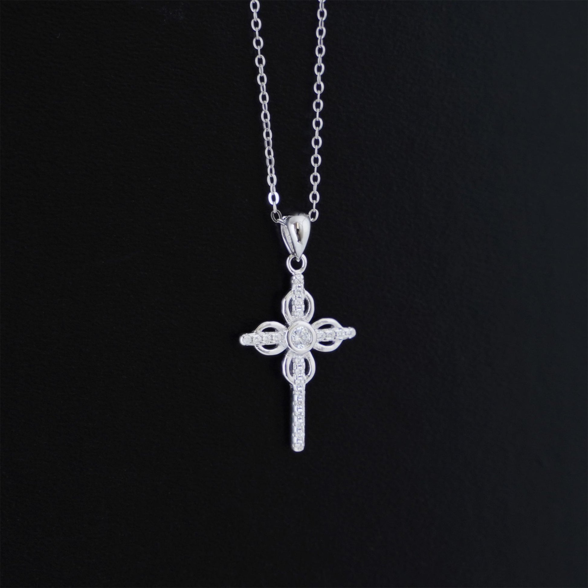 Sterling Silver Thin Paved CZ Ribbon Cross Bezel CZ Centre Pendant Necklace - sugarkittenlondon