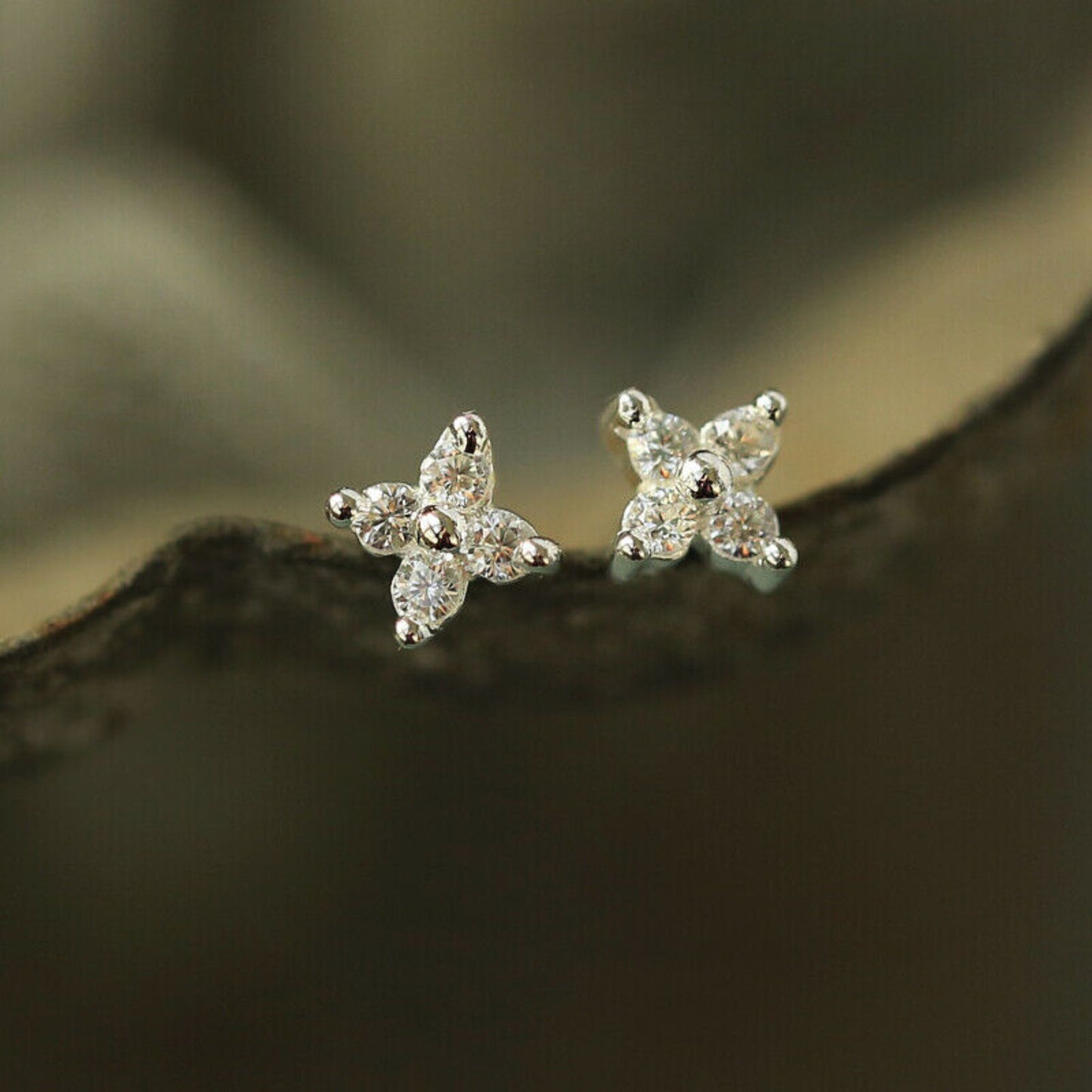 925 Sterling Silver CZ Flower Stud Earrings with Shiny Finish