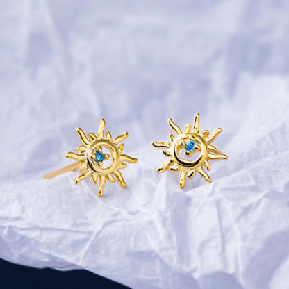 925 Sterling Silver Sun Earrings with 18K Gold Plating and Light Blue Aquamarine CZ