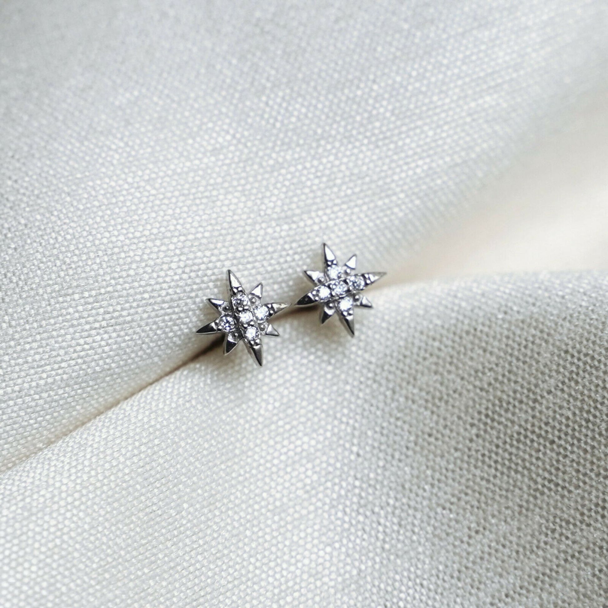 925 Sterling Silver Star Stud Earrings with CZ North Pole Star Design - sugarkittenlondon