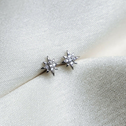 925 Sterling Silver Star Stud Earrings with CZ North Pole Star Design