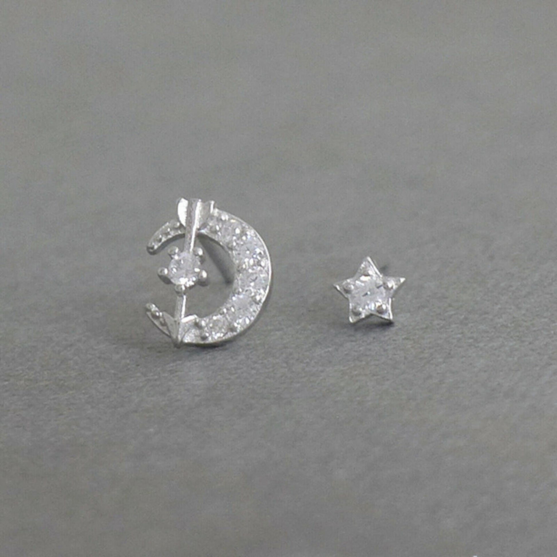 Sterling Silver Moon Star Love Arrow Stud Earrings with CZ Paving and Rhodium Plating - sugarkittenlondon