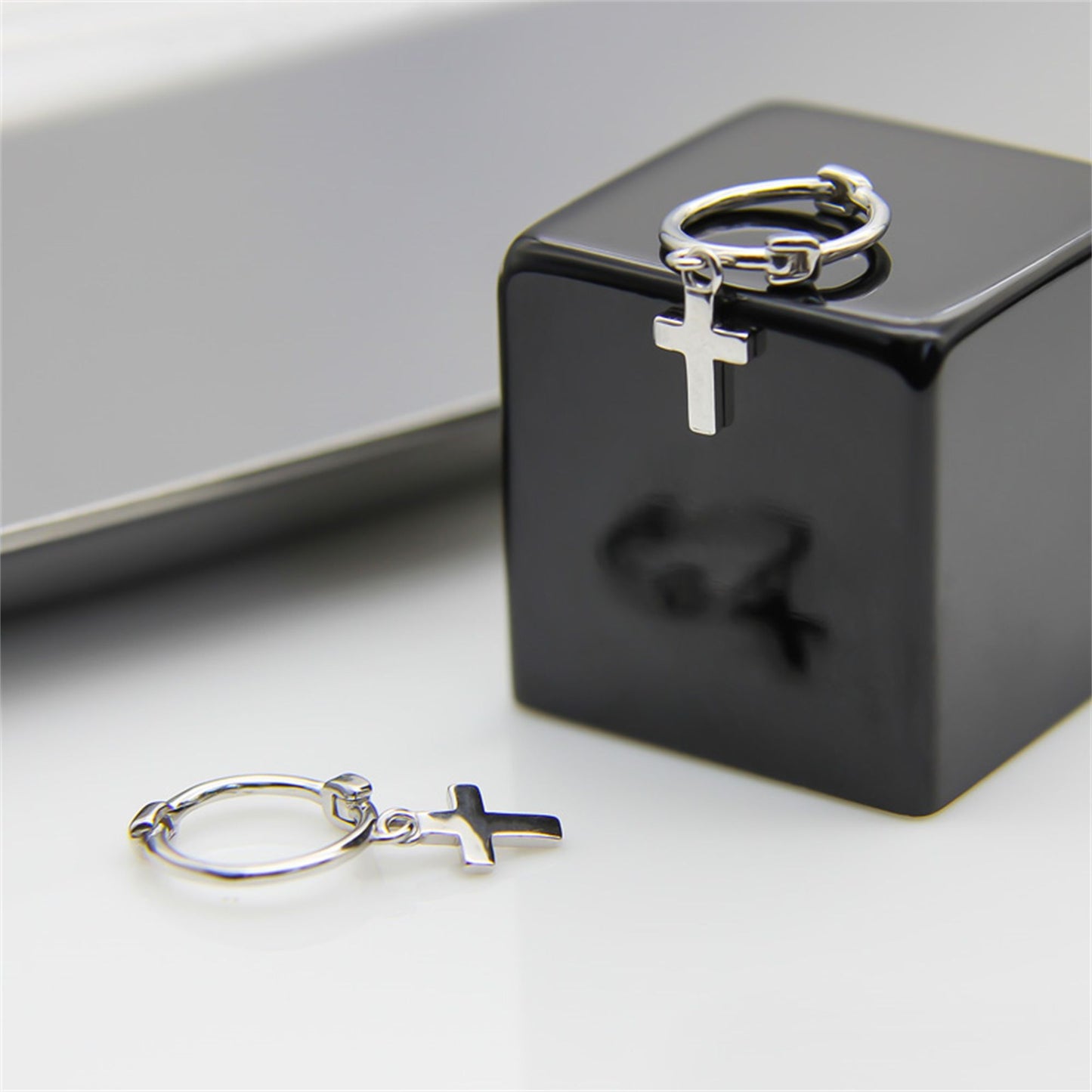 Unisex 8mm Sterling Silver Cross Hoop Earrings with Drop Charm