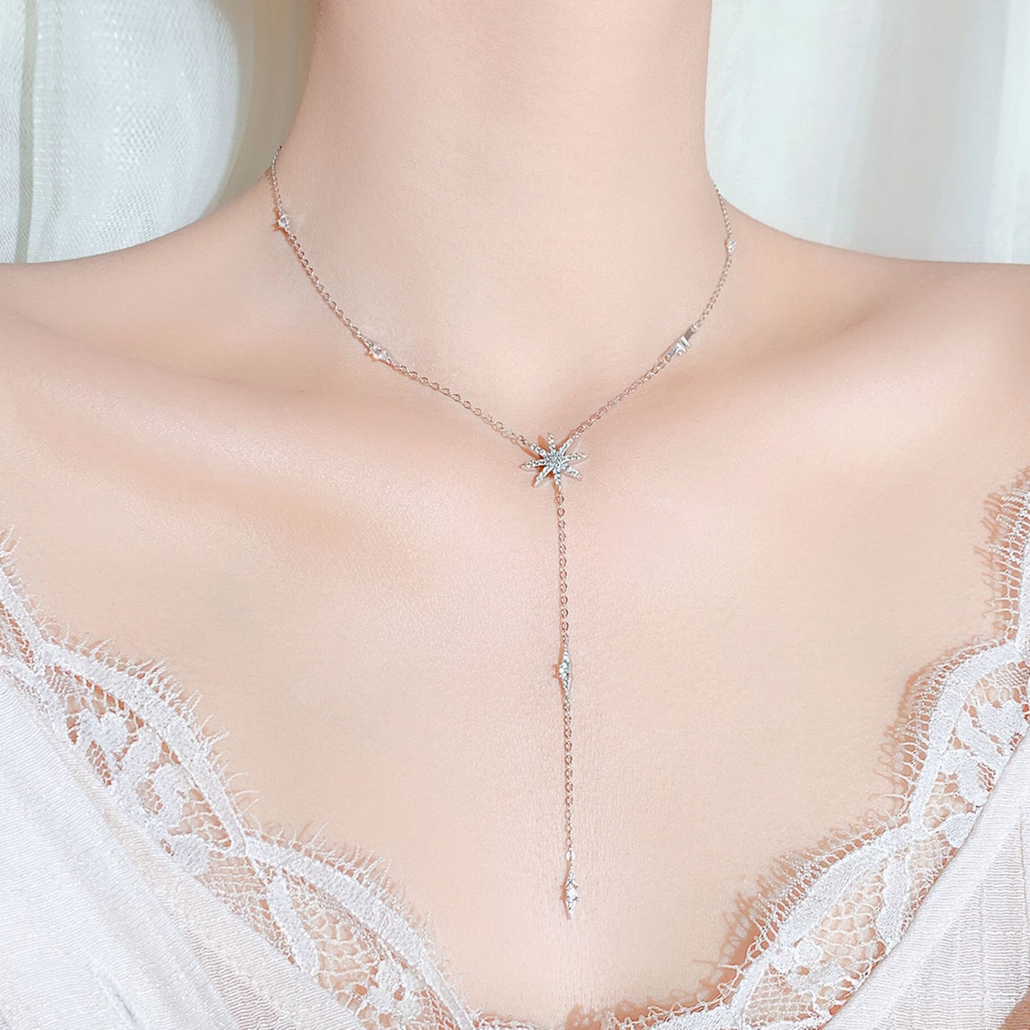 Sterling Silver Long CZ Sunlight Star Sunburst Drop Y Shape Lariat Necklace - sugarkittenlondon