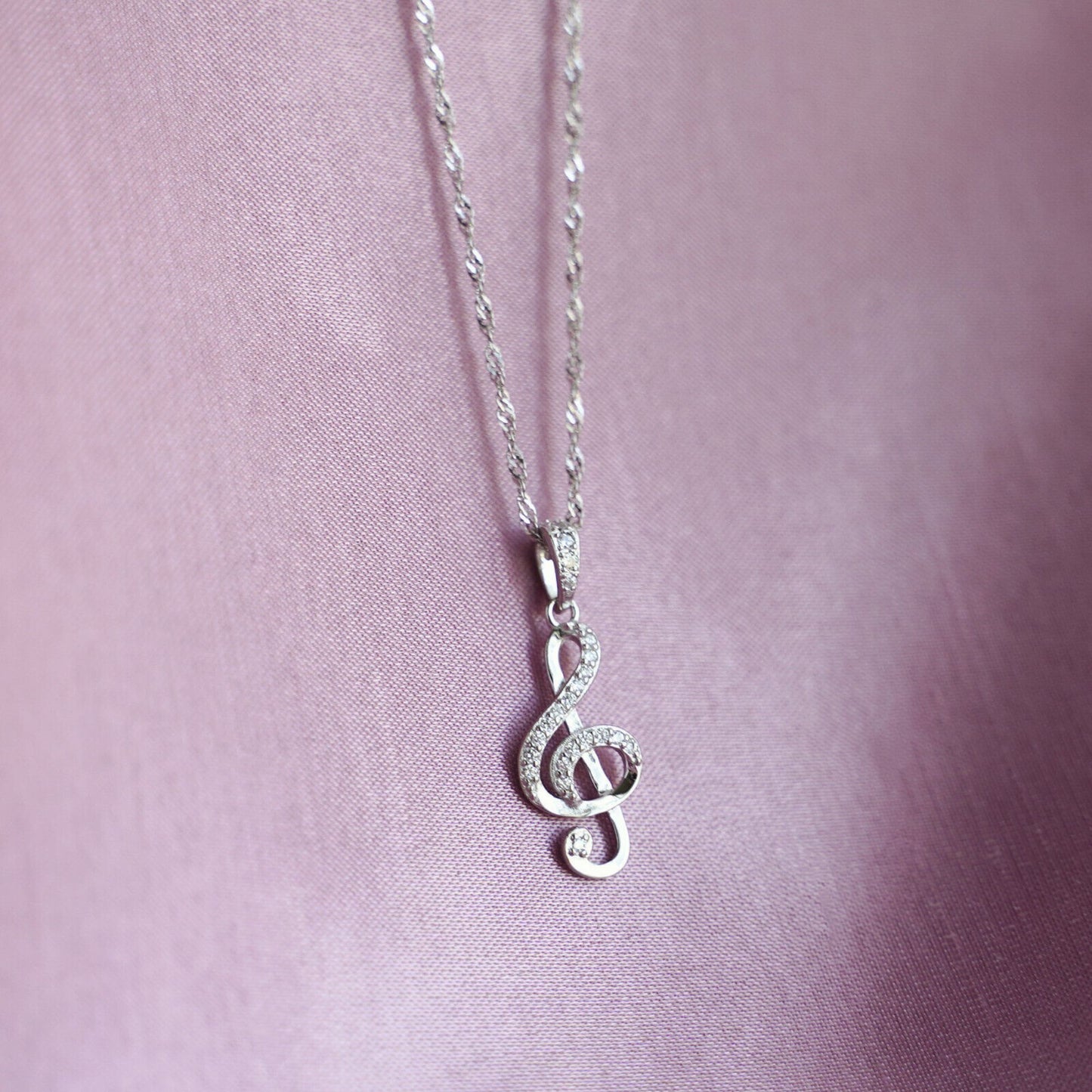 Sterling Silver CZ Treble Clef Necklace with G Music Note Pendant - sugarkittenlondon