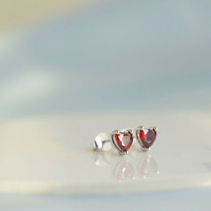 Sterling Silver Red Garnet Cut CZ Heart Shaped Stud Earrings Jewellery