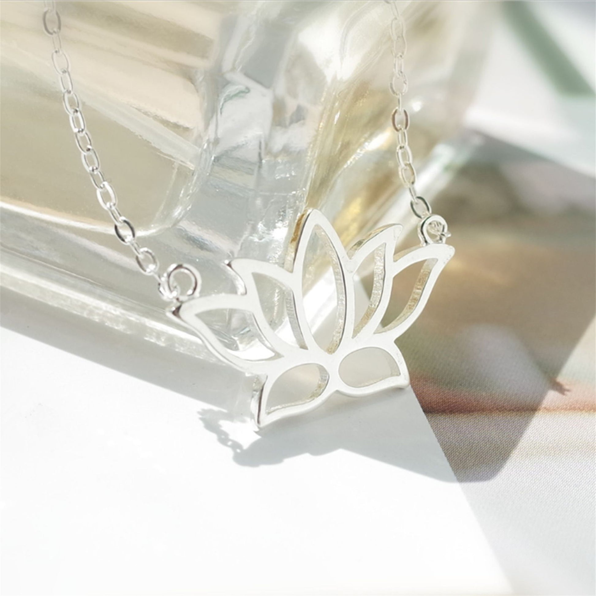 Sterling Silver Lotus Flower Pendant Necklace with Namaste Charm - sugarkittenlondon