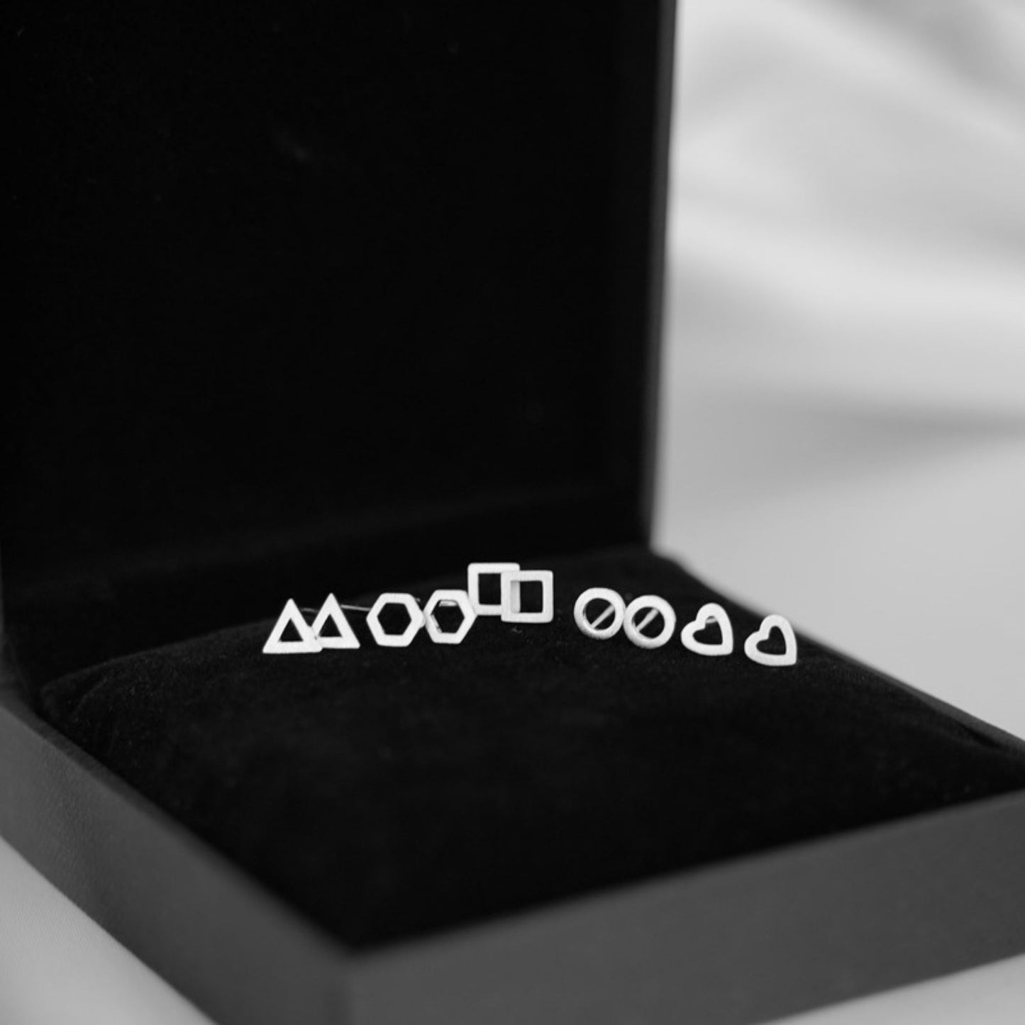 Sterling Silver 5mm Geometry Heart Triangle Circle Hexagon Square Stud Earrings - sugarkittenlondon