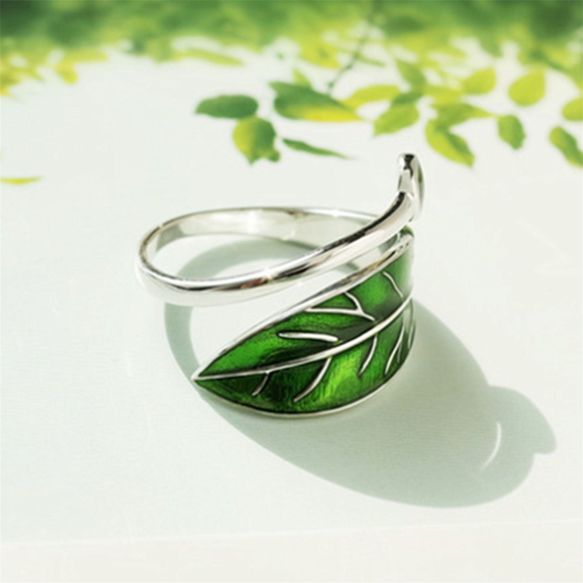 Sterling Silver Glazed Green Tree Leaf Dot Wrap Open Band Ring - sugarkittenlondon