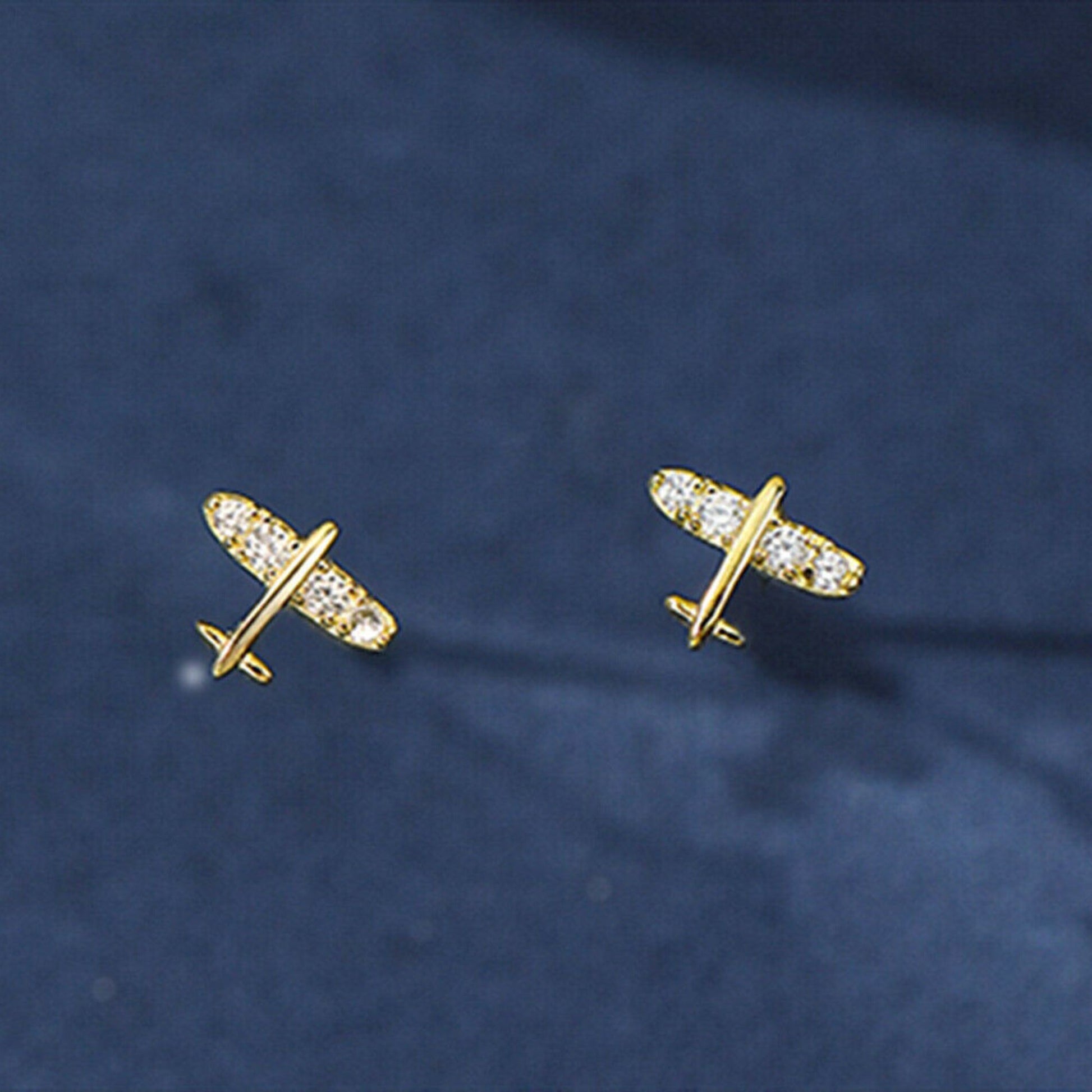 18K Gold on Sterling Silver Airplane CZ Stud Earrings - sugarkittenlondon