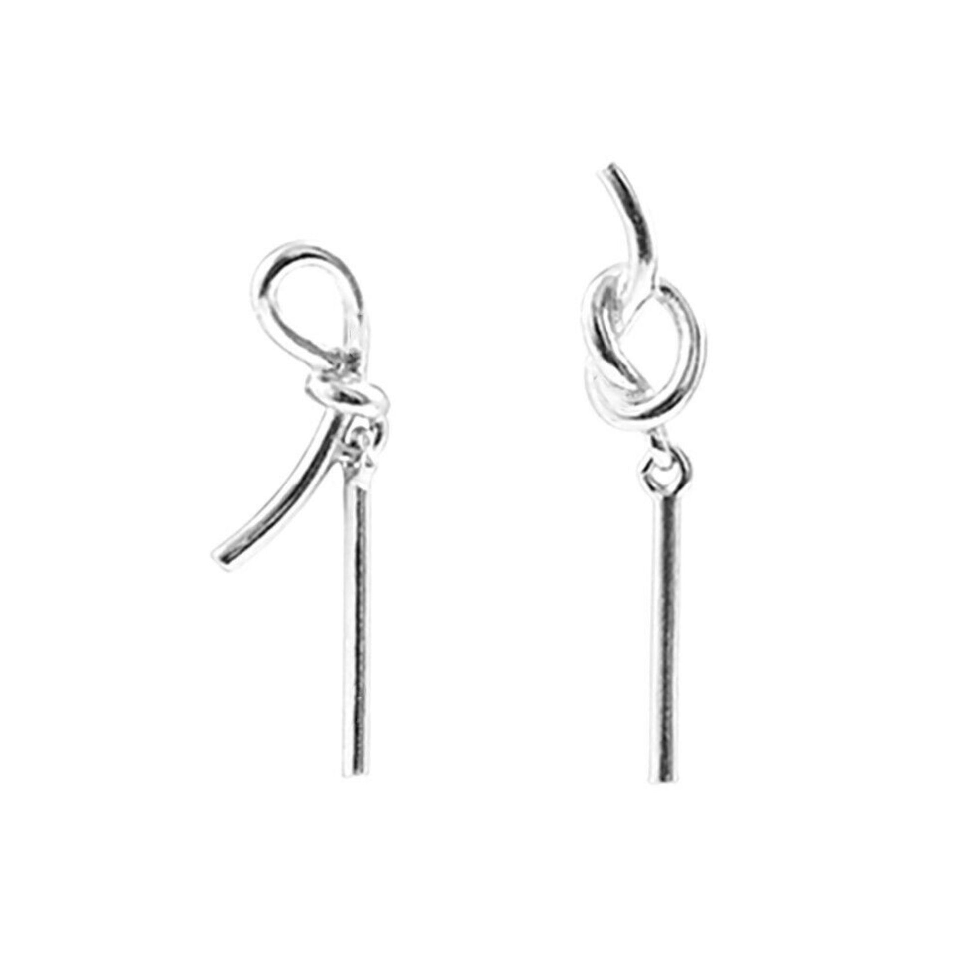 Sterling Silver Asymmetrical Love Knot Bar Line Drop Stud Earrings - sugarkittenlondon
