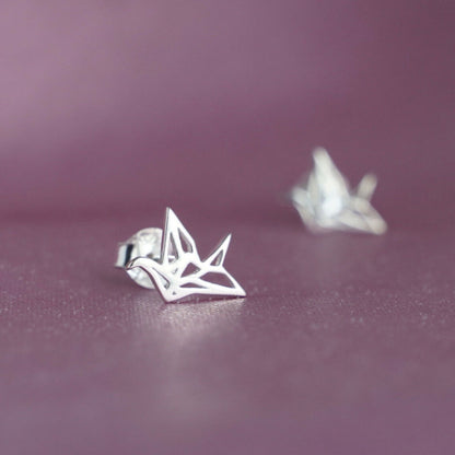 Sterling Silver Shiny Polished Origami Crane Bird Girls Stud Earrings - sugarkittenlondon