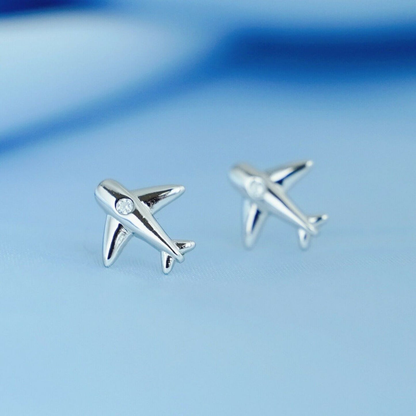 925 Sterling Silver Airplane Stud Earrings with Cubic Zirconia