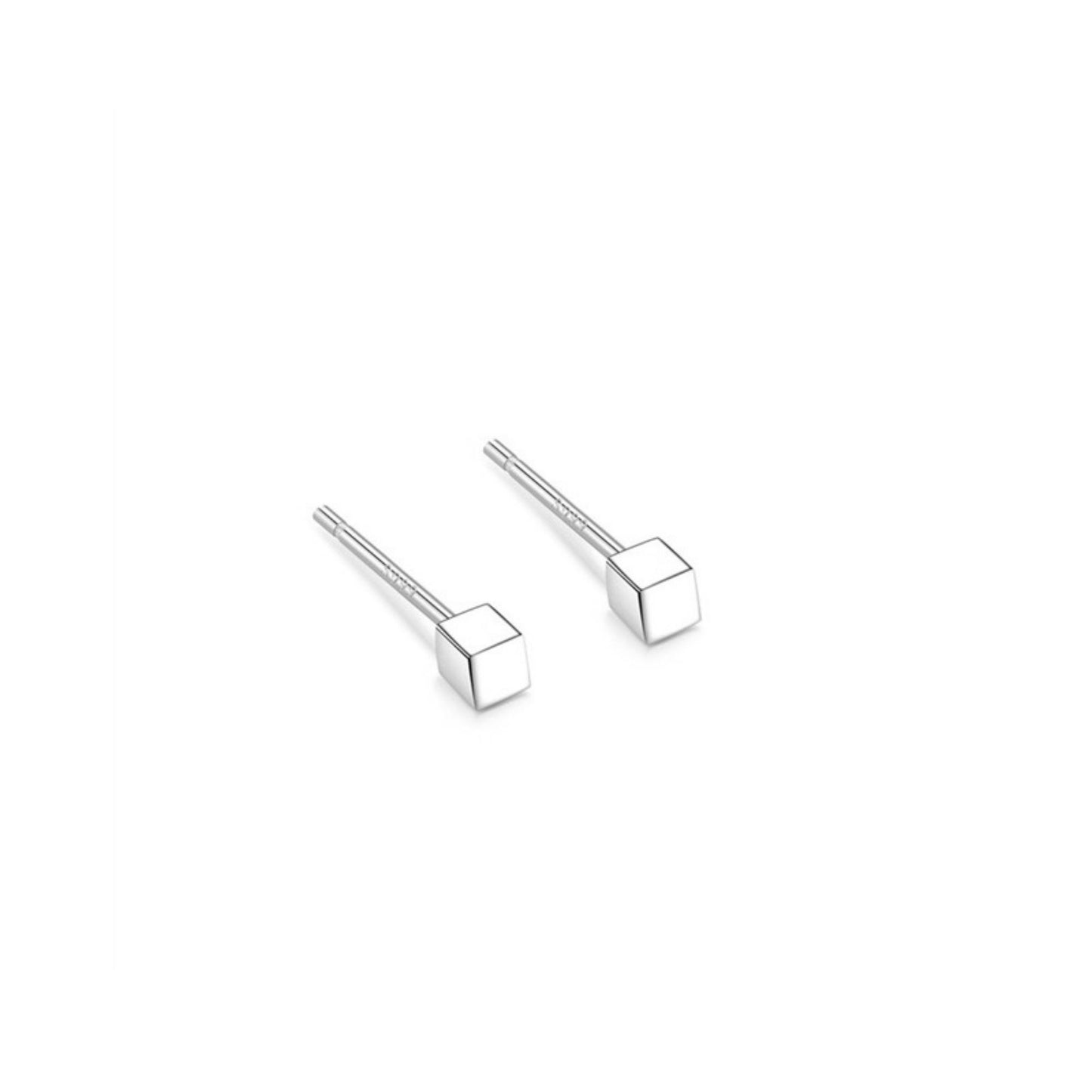 Rhodium on 999 Fine Silver 2mm Cube Unisex Square Stud Post Earrings Boxed - sugarkittenlondon