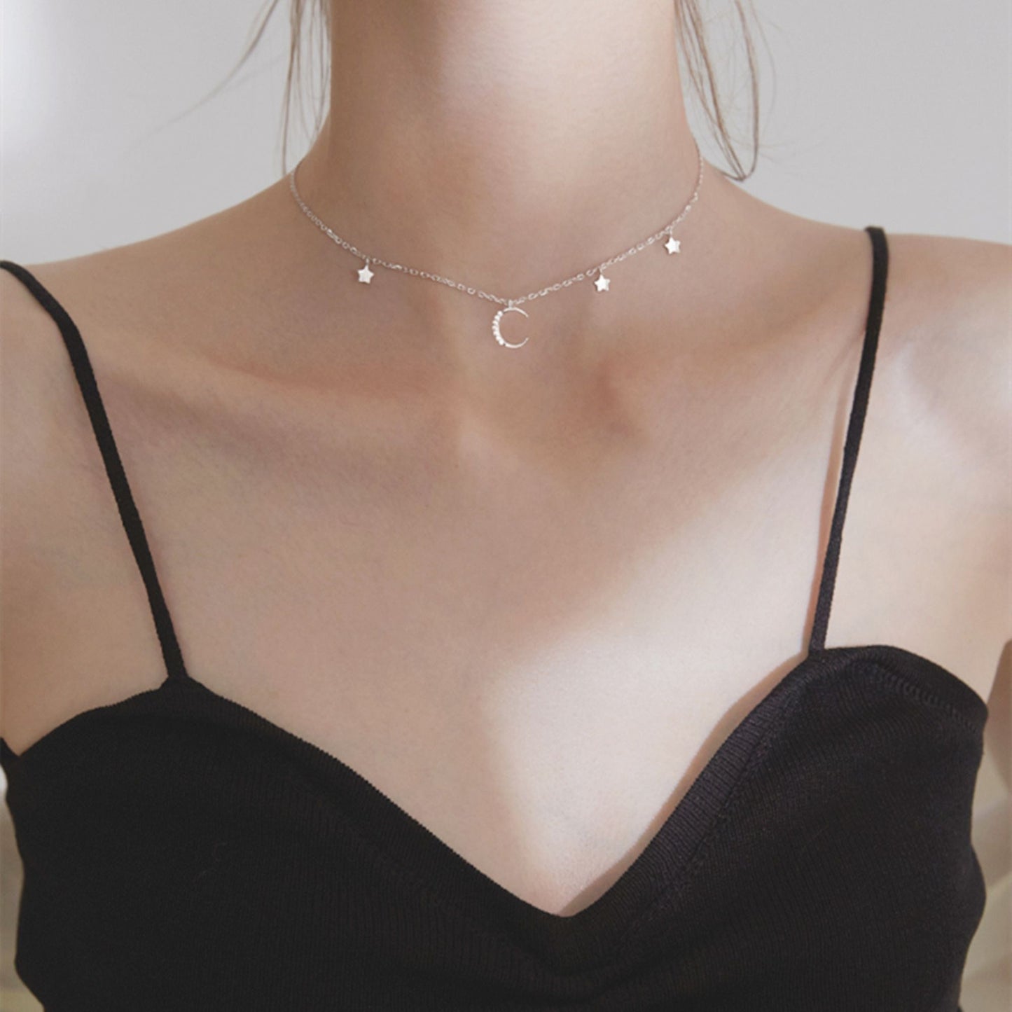 Mini Moon Star CZ Crescent Charm Drop Choker Necklace in Sterling Silver - sugarkittenlondon