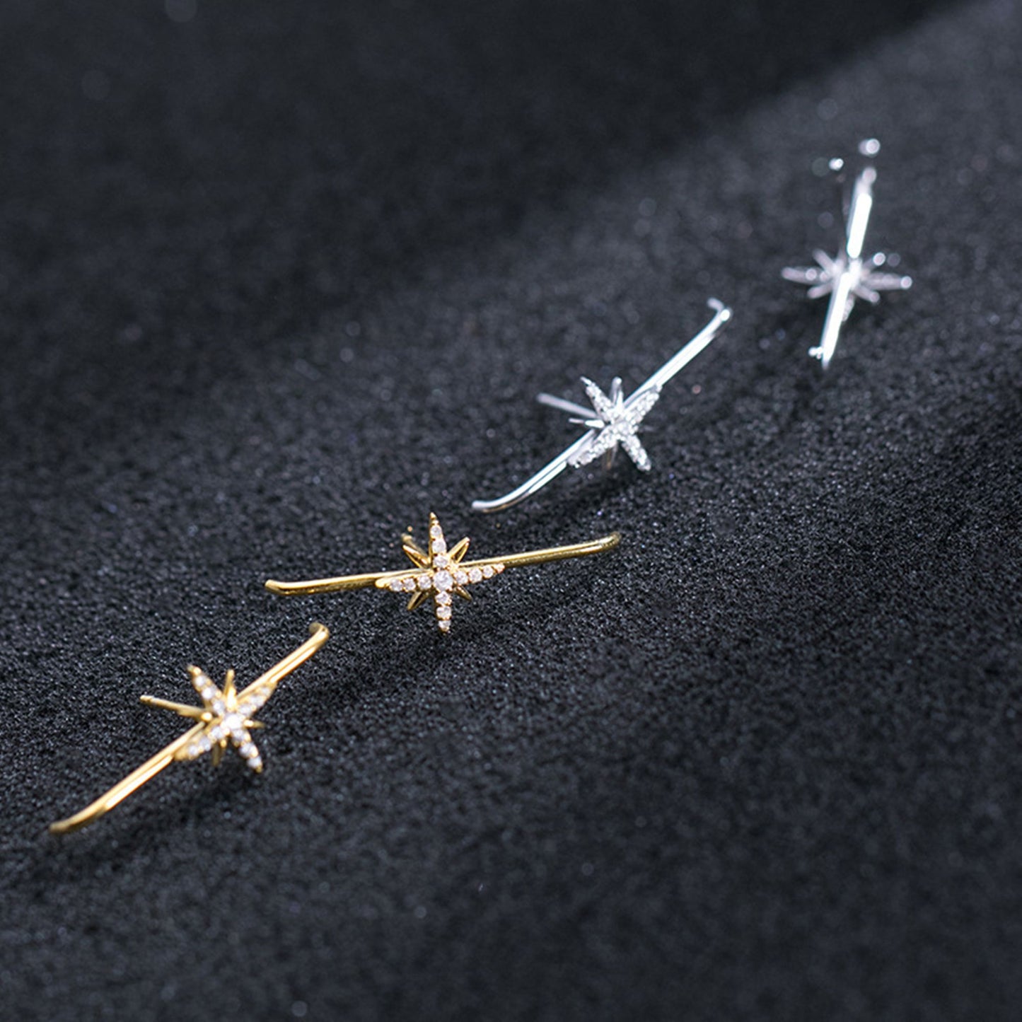 Sterling Silver 9mm North Pole Star Pave CZ Suspender Bar Cuff Stud Earrings - sugarkittenlondon