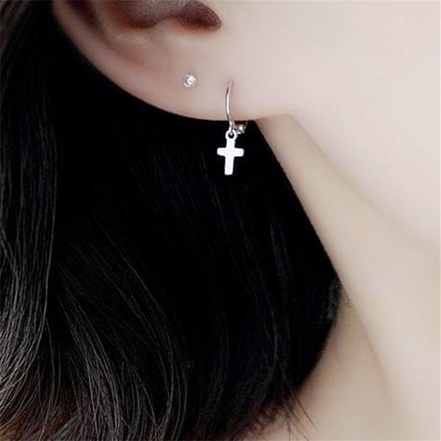 Unisex 8mm Sterling Silver Cross Hoop Earrings with Drop Charm